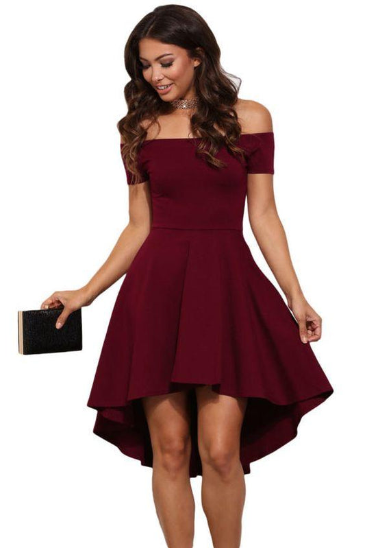 Charming Burgundy Dress Homecoming Dresses Jo Off The Shoulder Party Dress High-Low Evening Dress Cheap XXA22