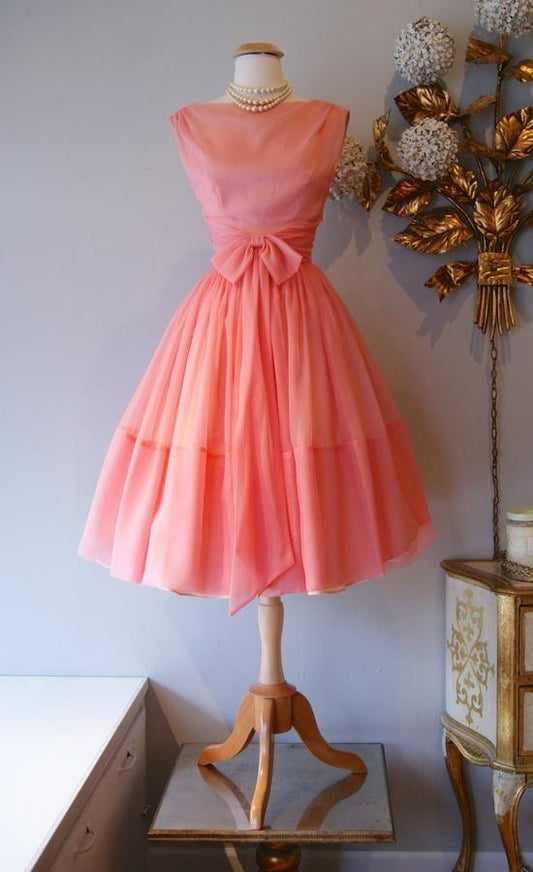 1950S Vintage Ball Gown Crew Neck Tamia Cocktail Homecoming Dresses Coral Mini Short Dresses