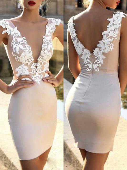 White Patchwork Zipper Backless Bodycon Savanna Homecoming Dresses Lace Deep V-Neck Elegant Mini Dress CD24588