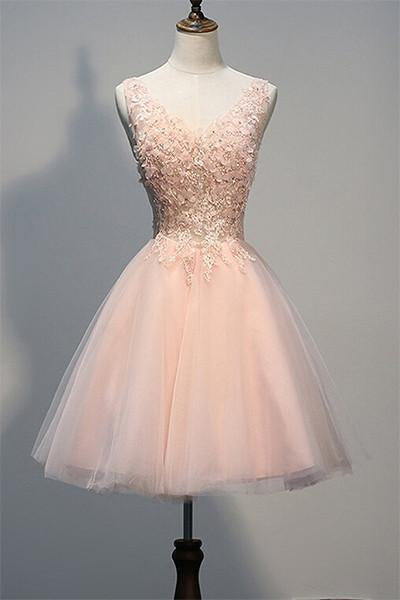 Blush Beaded Backless V-Neck Mignon Pink Homecoming Dresses Cocktail Lace Sweet 16 Dress CD51