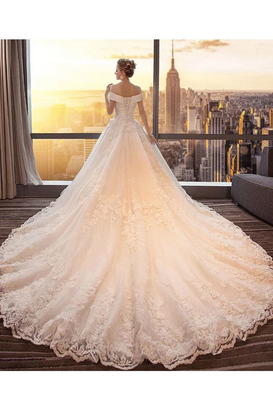 Gorgeous Off The Shoulder Lace Cathedral Train Wedding Dresses, Princess Bridal Dresses