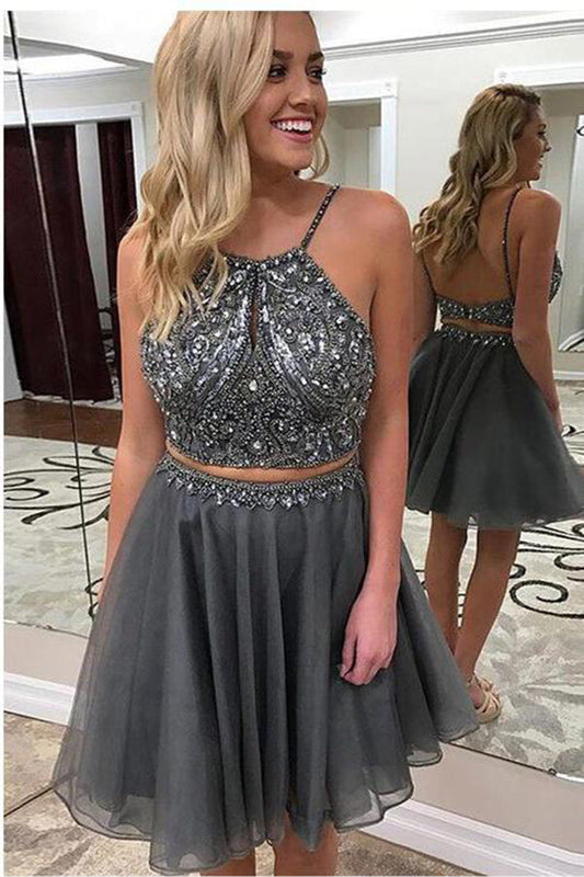 Chic Two Piece Backless A Line With Sequins Homecoming Dresses